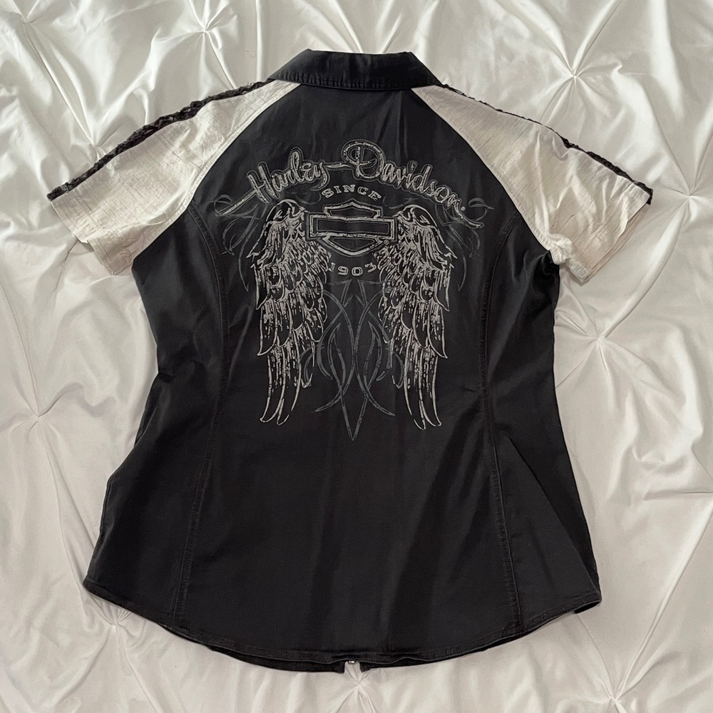 Harley-Davidson blingy fitted zip collared print shirt black & white womens M
